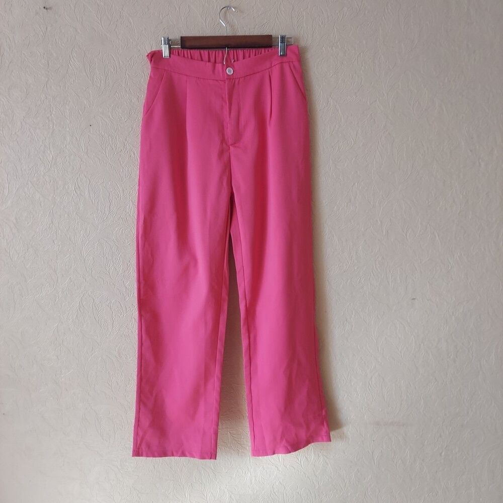 Shein High Waist Pleated Pink Straight Leg Pants Sz Large